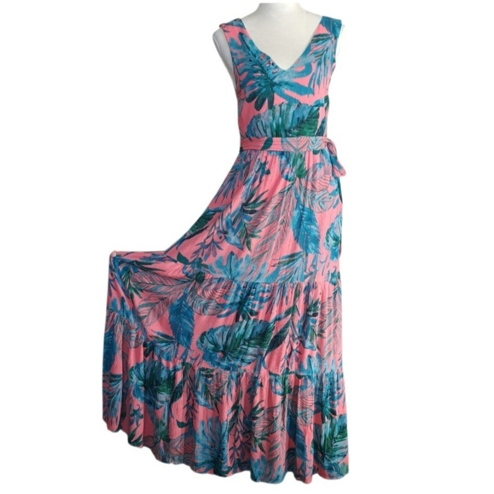 Nicole Miller Maxi Dress‎ Size 6 Pink & Blue Tropical Print Sleeveless NWT